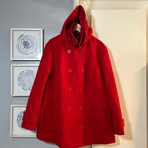 Women's Red Double-Breasted Hooded Coat